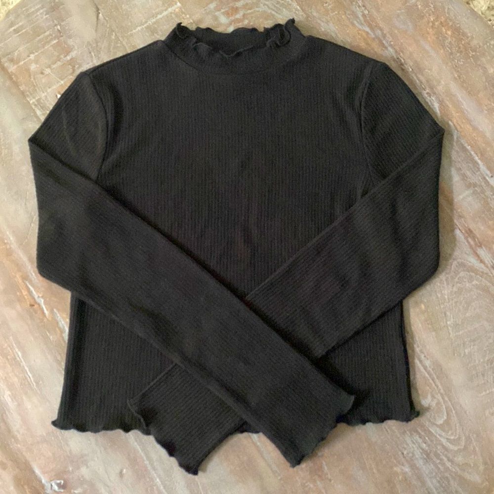 Jack by BB Dakota Black Ribbed Knit Ruffle Neck Long Sleeve Top Size S